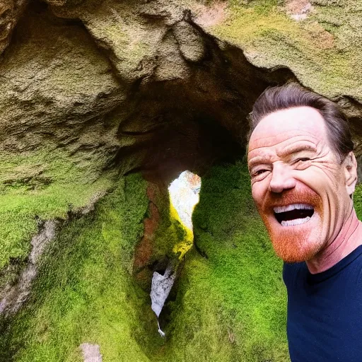 Prompt: bryan cranston excited, taking a selfie inside of an ancient cave covered in moss