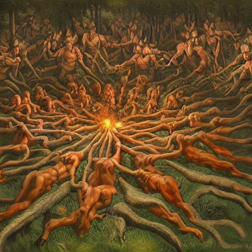 Prompt: crouching demons forming a circle in the woods, by Dan Seagrave and by Dan Witz, glossy digital painting, 8k resolution