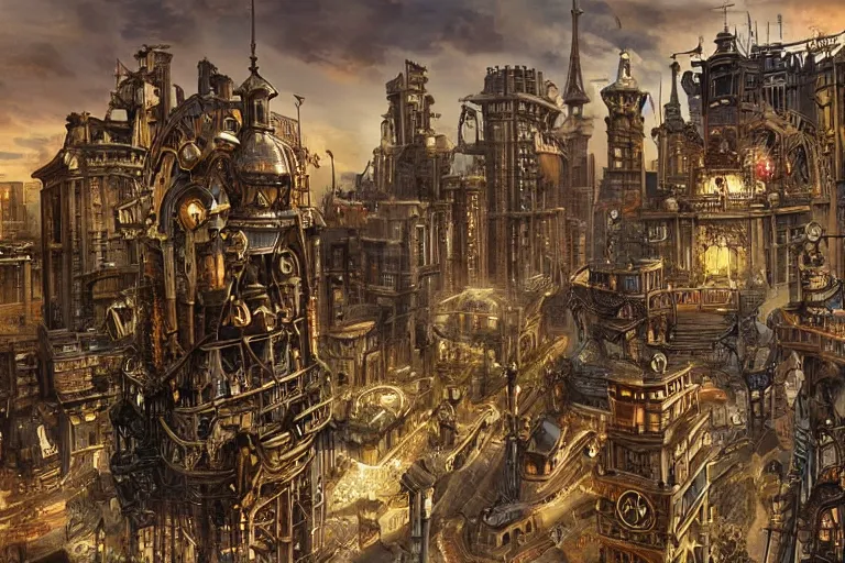 Prompt: a magnificent steampunk city. photorealism.
