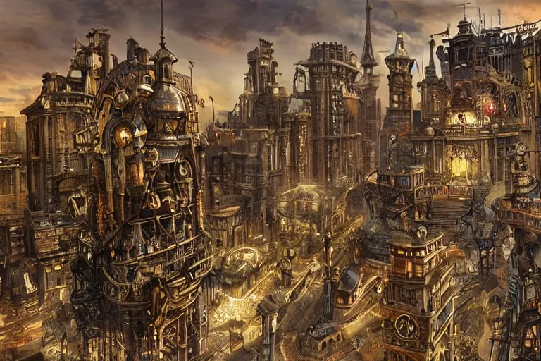 Image similar to a magnificent steampunk city. photorealism.