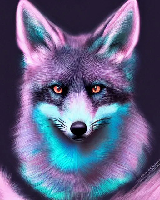 Prompt: black pink green blue white fox looking into the camera, extremely detailed, digital painting, artstation, concept art, smooth, sharp focus, illustration