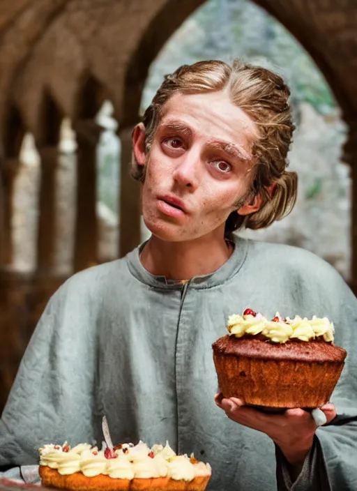 Image similar to closeup portrait of a medieval goblin eating cakes in the cloisters, depth of field, zeiss lens, detailed, symmetrical, centered, fashion photoshoot, by annie leibovitz and steve mccurry, david lazar, jimmy nelsson, breathtaking, 8 k resolution, extremely detailed, beautiful, establishing shot, artistic, hyperrealistic, beautiful face, octane render