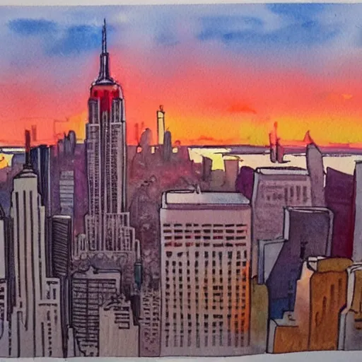 Image similar to new york at sunrise. watercolor. trending on artstation.