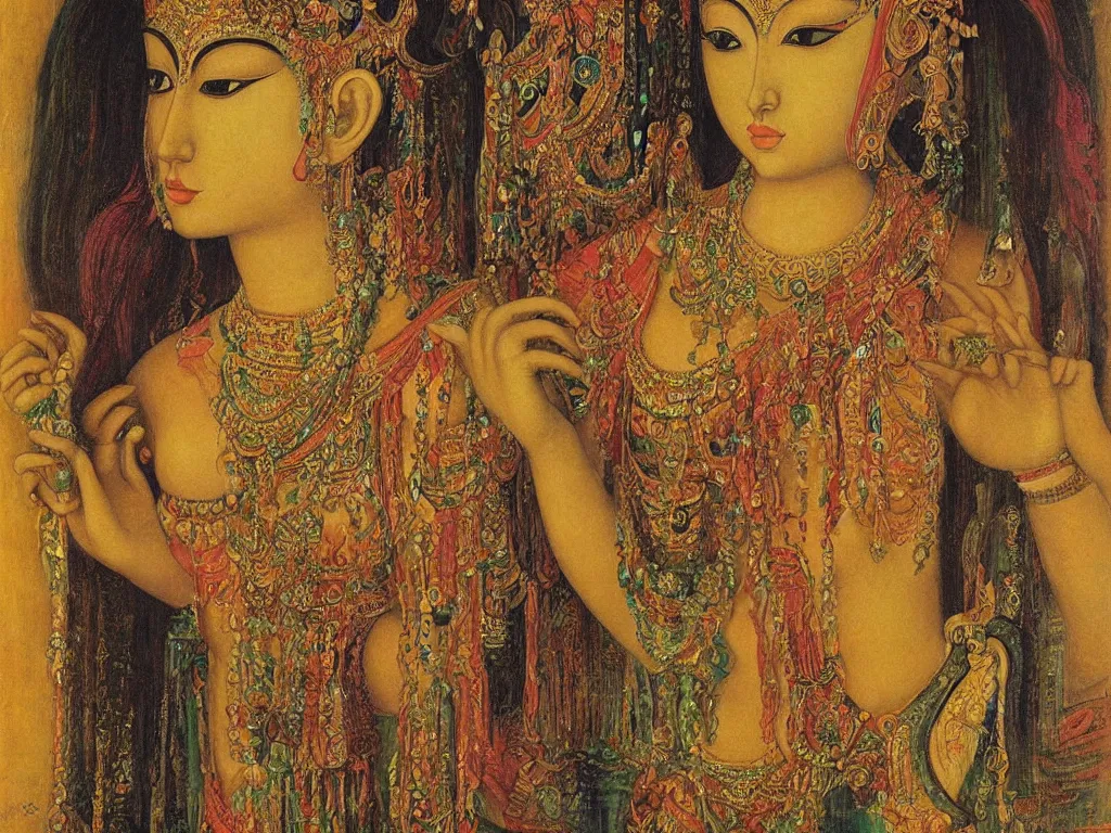 Image similar to portrait of an apsara. painting by ernst fuchs