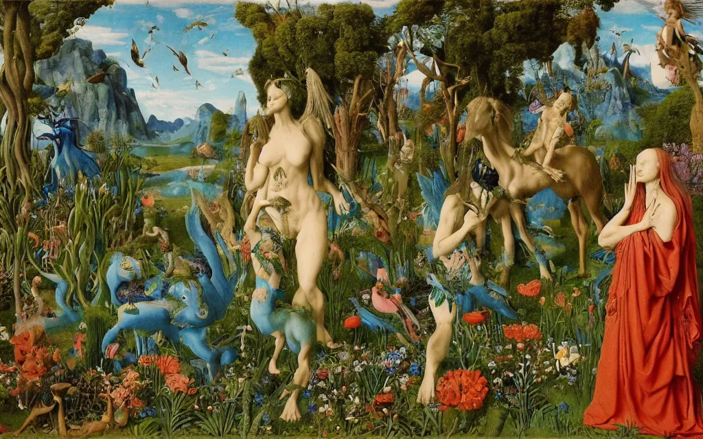 Image similar to a photograph of a meditating centaur shaman and a harpy mermaid feeding animals. surrounded by bulbous flowers, animals and a few trees. river delta with mountains and cliffs under a blue sky full of burning stars and birds. painted by jan van eyck, max ernst, ernst haeckel, ernst fuchs and artgerm. trending on artstation