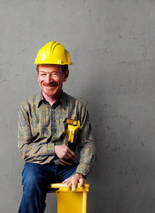 Prompt: closeup portrait of cheerful bryan cranston as a crane operator, yellow hardhat, sitting in a crane, natural light, bloom, detailed face, magazine, press, photo, steve mccurry, david lazar, canon, nikon, focus