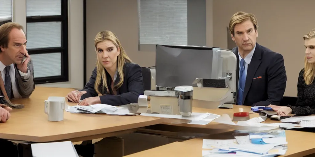 Image similar to saul goodman and kim wexler in severance office setting