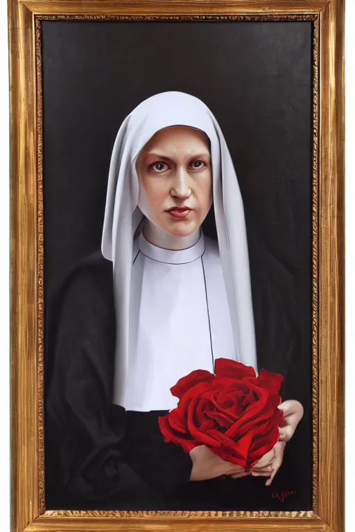 Prompt: hyperrealism oil painting, roses fully covering young beautiful nun face, wearing dark clothes, in style of classicism