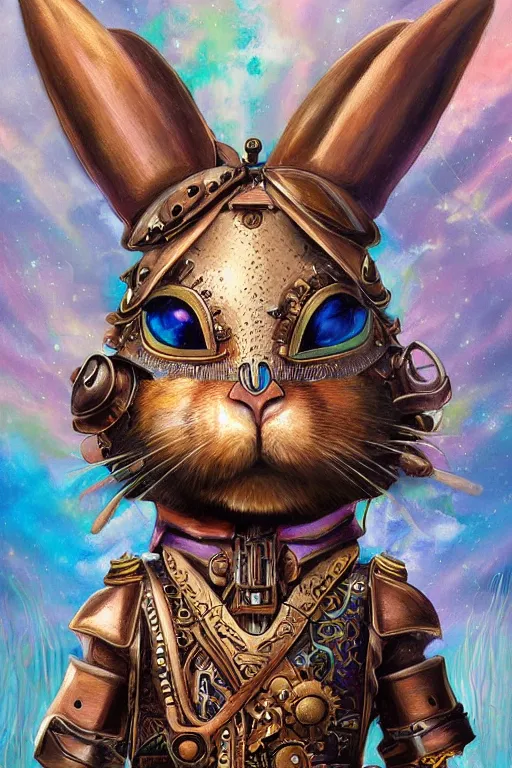 Image similar to ultra realist soft painting of a steampunk rabbit warrior, very intricate details, rainbow lighting, symmetry accurate features, fantasy background