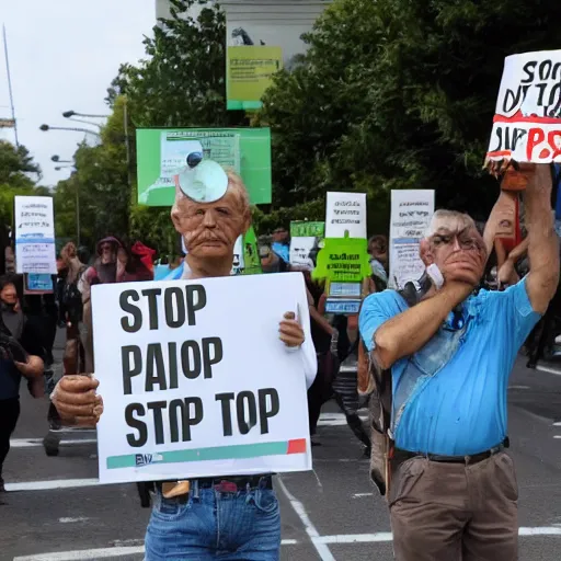 Prompt: of an environmentalist holding up a plastic sign saying stop using oil now photorealistic