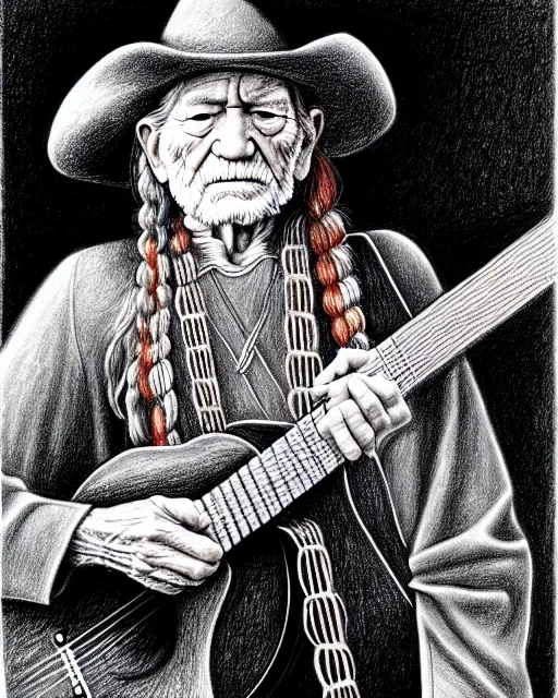 Image similar to a photorealistic portrait of willie nelson and his guitar, in the style of hieronymus bosch, pencil drawing, hyperrealist