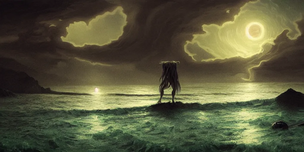 Image similar to landscape view on an old fishing village at night, a humanoid tentacled creature emerging from the ocean, night colors, high - key lighting, beautiful composition, intricate, gradient from green to black, pro photography by, highly detailed, digital painting, art by artgerm and greg rutkowski and alphonse mucha, smooth, sharp focus illustration