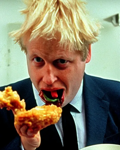Image similar to film still close - up shot of boris johnson eating fried chicken from the movie monty python's the meaning of life. photographic, photography