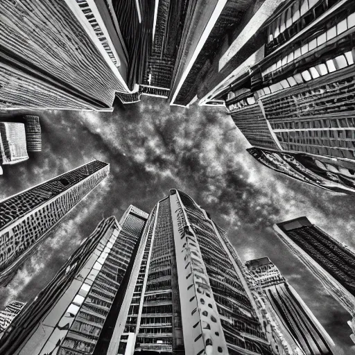 Image similar to A worm's eye view of a cityscape, with the buildings and streets appearing small and insignificant, in a desaturated color palette.