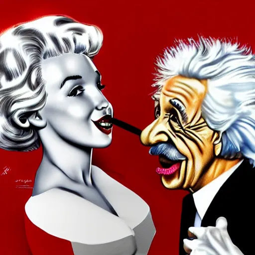 Prompt: Marylin Monroe kissing Albert Einstein, hyper realism, accurate, 3d