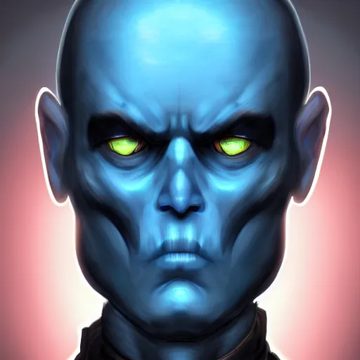 Prompt: centered mid ground full face portrait of an angry soldier with glowing blue eyes, a bald head and blue skin, rogue trooper, cyberpunk dark fantasy art, official fanart behance hd artstation