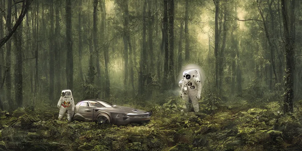 Image similar to an astronaut and a space ship in a forest, a detailed matte painting by frieke janssens, featured on cgsociety, space art, matte painting, matte drawing