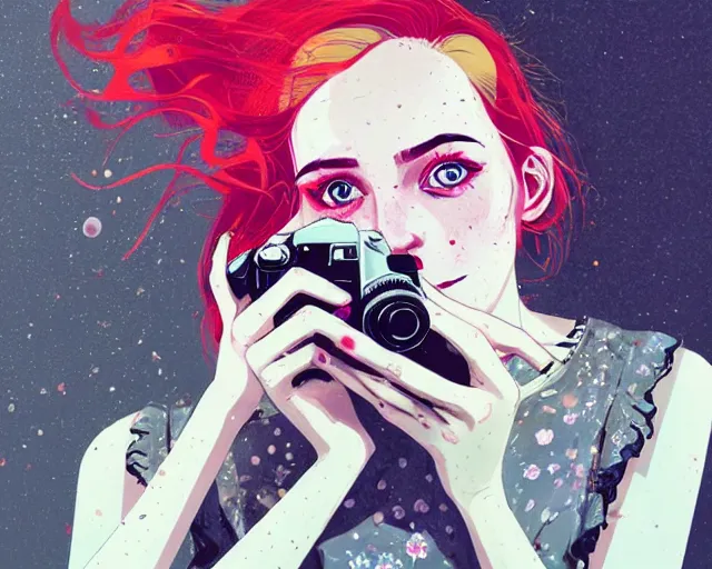 Image similar to pale young woman with bright blonde hair, freckles, gray eyes and a wide face, flowery dress, she is holding a professional dslr camera close to her face with one hand, dramatic lighting, bright flare, expressive, surrealist art by conrad roset