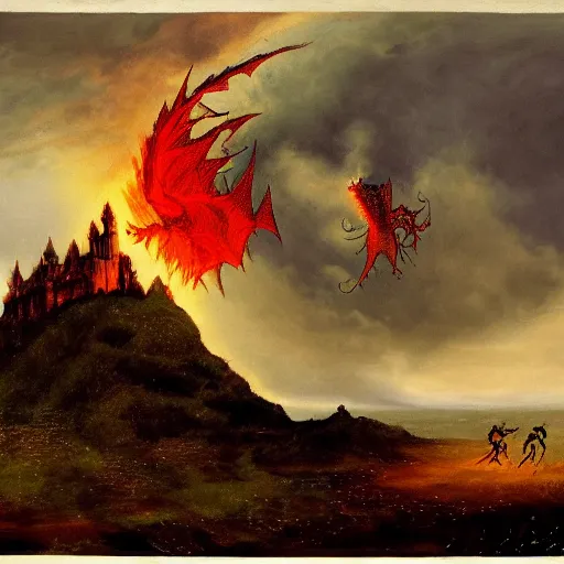 Image similar to a knight going to jump to get on a dragons back as it breathes fire and inflames the ground beneath him, with castle in distance, stormy, raining, painting