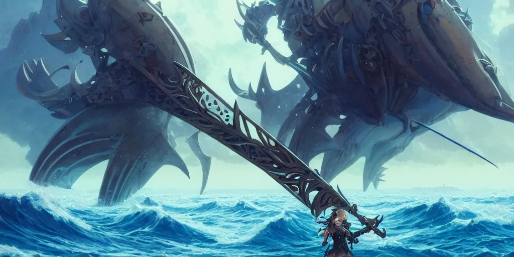 Prompt: close up of a extremely beautiful and aesthetic mech armor witch holding a symmetrical trident, perfect face, symmetrical eyes, back shark fin, horizon, model pose, slightly smiling, blue sky, big wave, big blade whale fighting against big giants minotaurus, epic scene, fantasy illustrations, by peter mohrbacher and makoto shinkai and ferdinand knab