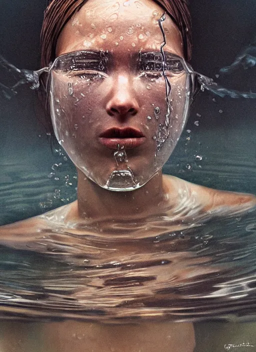 Prompt: extreme closeup portrait of a beautiful woman half submerged in water, horrified look in his eyes, dirt helmet, water reflection, sigma 85mm, highly detailed, soft lighting, elegant,sigma 85mm, Edward Hopper and James Gilleard, Zdzislaw Beksinski, Steven Outram, highly detailed