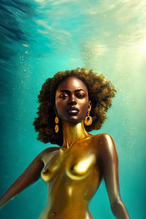 Image similar to hyperrealistic cinematic half underwater scene very expressive! translucent elegant african goddess full body, gold jewerly, highly detailed face, digital art masterpiece, aykut aydogdu eric zener, dramatic volumetric light, long shot, low angle uhd 8 k, sharp focus