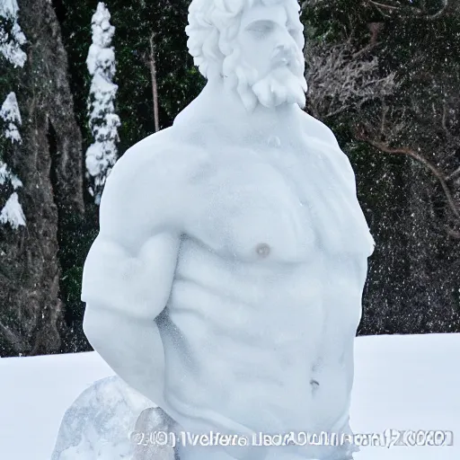 Prompt: ice sculpture of acient greek statue, outdoors, snowy, realism