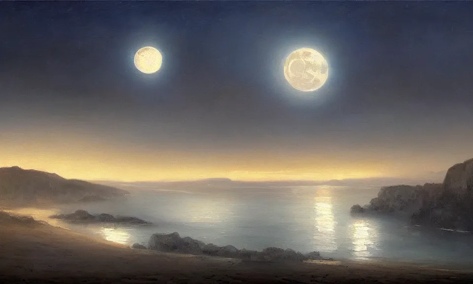 Image similar to the most beautiful panoramic landscape, oil painting, a beach at night lit by the moon, mountains in the distance, clouds, foggy, cinematic lighting, highly detailed, very realistic