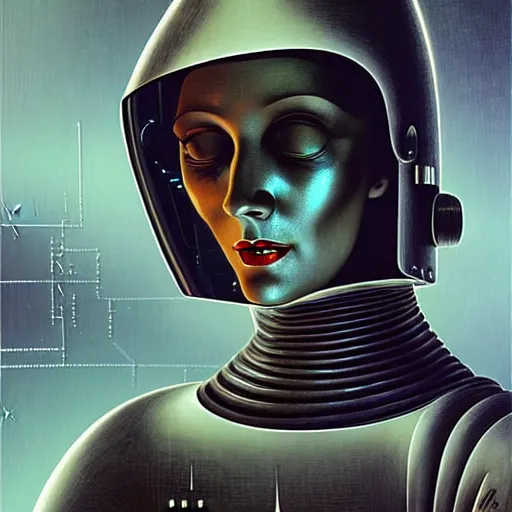 Image similar to futuristic portrait of woman from 2 0 s decade of xx century in metal space suit in a style of hans giger, dark atmosphere, lovecraftian background, lynchian atmosphere, film noir, concept art, art by kuvshinov ilya and zdislav beksinski and wayne barlowe and hans giger