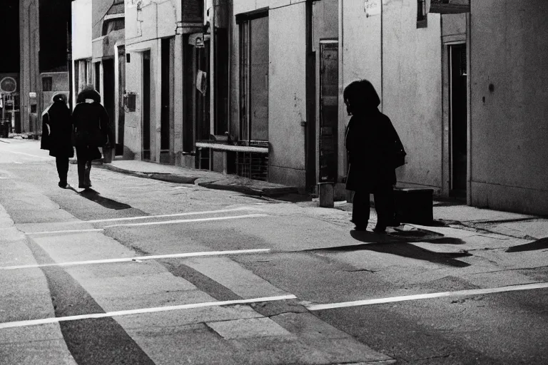 Image similar to street photography, light and shadow effects, golden time, loneliness, quiet, freezing, by matt stuart, elliot erwitt, stephen shore, william eggleston, junku nishimura.