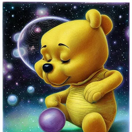 Prompt: alien Winnie the Pooh, artwork by Daniel Merriam,