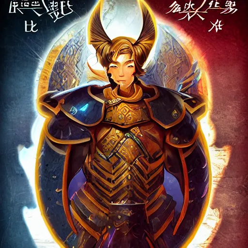 Prompt: portrait of a human paladin, litrpg novel cover, Chinese Mongolian script, book cover