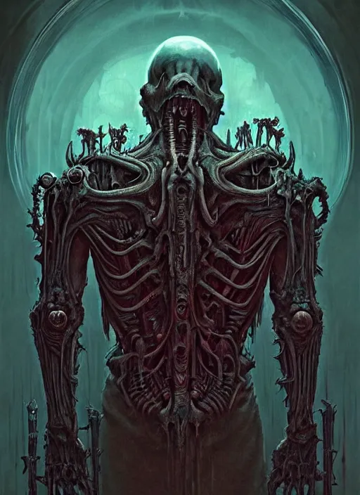 Prompt: epic doom undead monarch, highly detailed portrait concept art, josan gonzalez, greg rutkowski, h. r. giger, zdizslaw beksinski, threyda, majestic cinematic masterpiece, psychedelic backlit, movie poster character, intricate, biomechanical, smooth, trending on cgsociety