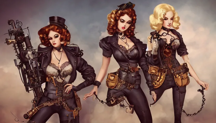 Image similar to steampunk girls with their cats and guns, masterpiece, pinup, highly detailed, digital painting, artstation, concept art, smooth, sharp focus, illustration, Unreal Engine 5, 8K