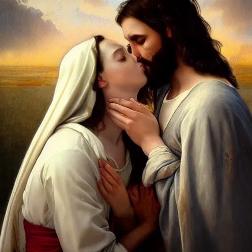 Image similar to jesus kissing a maria maddalena, elegant, highly detailed, digital painting, artstation, concept art, matte, sharp focus, highly detailed, 4 k, hdr, smooth, sharp focus, high resolution, award - winning photo, photorealistic, art by artgerm and greg rutkowski and alphonse mucha, large shot