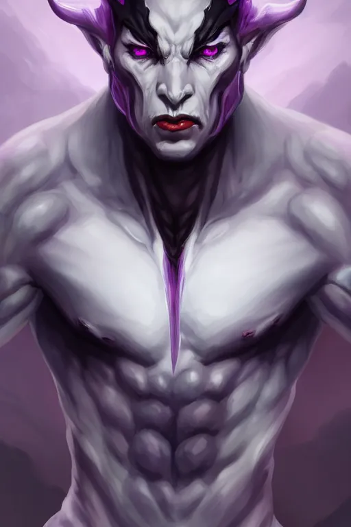 Image similar to human male demon, full body white purple, focus, closup, portrait, hero, character concept art, costume design, black eyes, white horns, trending on artstation, Artgerm , WLOP