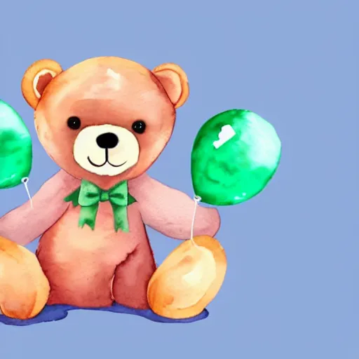 Prompt: watercolor cute animated teddy bear holding birthday balloons, white background,