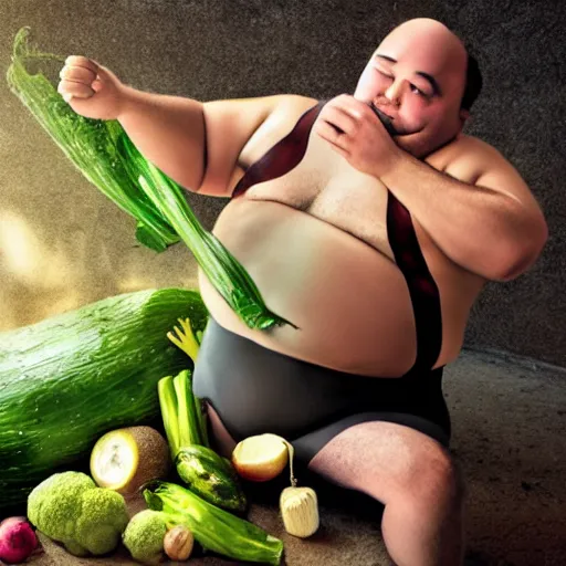 Image similar to a photo of a fat man in a swimsuit aggressively smashing a giant vegetable