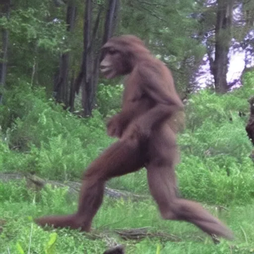 Prompt: amateur footage of Bigfoot chasing a goat