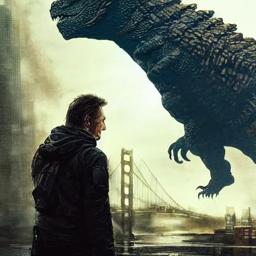 Prompt: Liam Neeson versus Godzilla, post-apocalyptic, hulking, close up, urban background, highly detailed, artstation, movie poster, sharp focus, illustration, art by artgerm and greg rutkowski