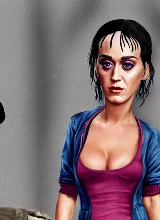 Image similar to Highly detailed full-body portrait of homeless Katy Perry, in GTA V, Stephen Bliss