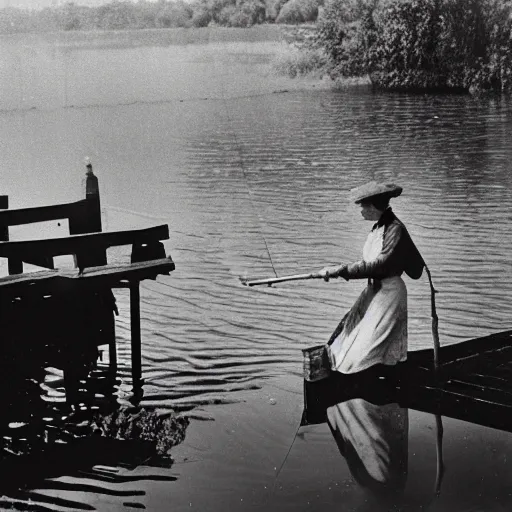 Image similar to a young edwardian woman fishing from a small wooden pier in a pond, black and white photograph