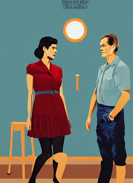 Image similar to Twin Peaks art, of Michael Shannon dressed as mechanic talking to Jennifer Connelly wearing light blue diner waitress dress, poster artwork by Sam Weber, Laurent Durieux, Katherine Lam from scene from Twin Peaks, simple illustration, domestic, nostalgic, from scene from Twin Peaks, clean, New Yorker magazine cover