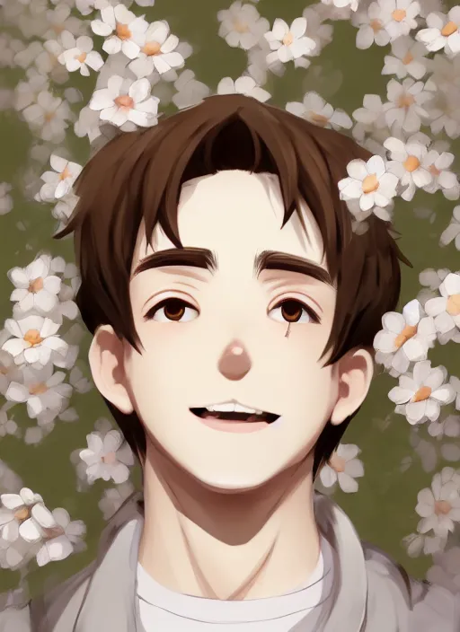 Image similar to white young man with a wide smile, prominent big eyes, round cute lips, round portruding chin, wise forehead, background is covered with brown flowers, sharp, highly detailed, simple lines, digital painting, artstation, concept art, matte, sharp focus, illustration, anime moe artstyle