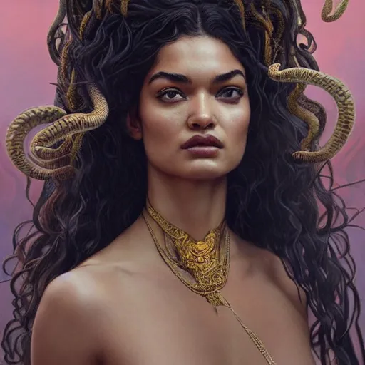 Image similar to Shanina Shaik as Medusa, frowning, scowl, snakes for hair, intricate, elegant, highly detailed, digital painting, artstation, concept art, smooth, sharp focus, illustration, art by artgerm and greg rutkowski and alphonse mucha