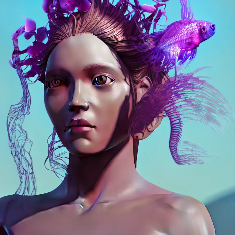 Image similar to goddess full painted acryllic sculpture close-up portrait. orchid bird phoenix jellyfish betta fish, intricate artwork by Tooth Wu and wlop and beeple. octane render, trending on artstation, greg rutkowski very coherent symmetrical artwork. cinematic, hyper realism, high detail, octane render, 8k