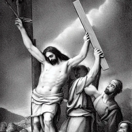 Prompt: pencil illustration of Jesus carrying the cross to the hill, detailed, 8k