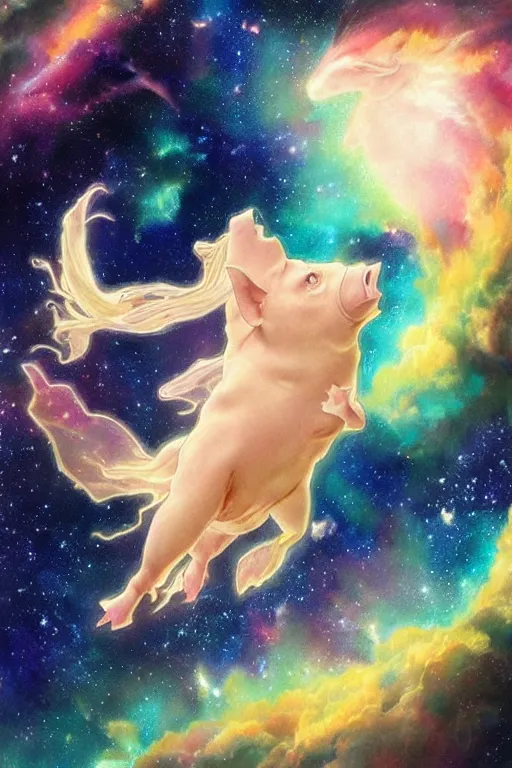 Image similar to a flying pig in a beautiful nebula, water color, art by artgerm and greg rutkowski and alphonse mucha and jin xiaodi and anthony devine