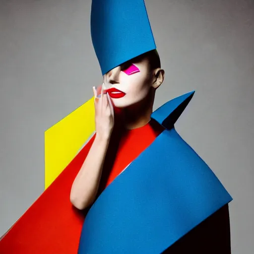 Prompt: a model dressed in an avant garde colorful haute couture dress, angular minimalism, vogue full color editorial photo, sharp focus dynamic light