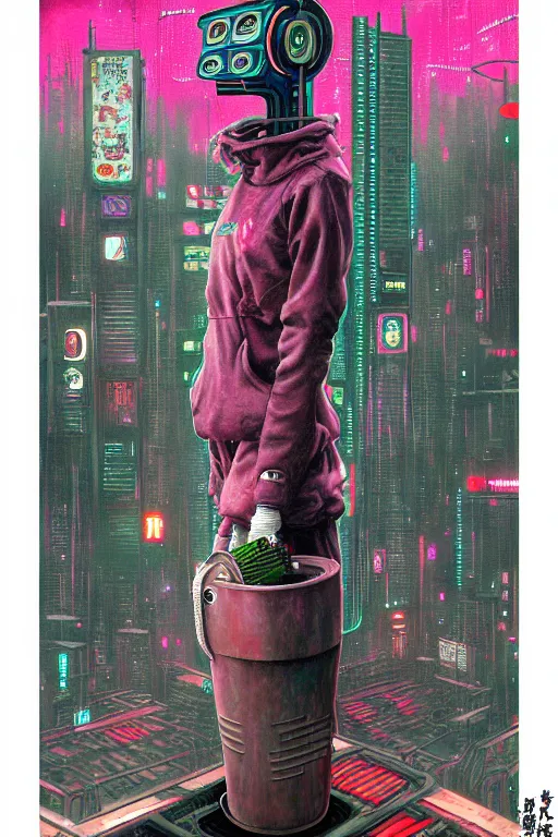 Prompt: full view, from a distance, of anthropomorphic trashcan from the movie blade runner, style of yoshii chie and hikari shimoda and martine johanna, highly detailed